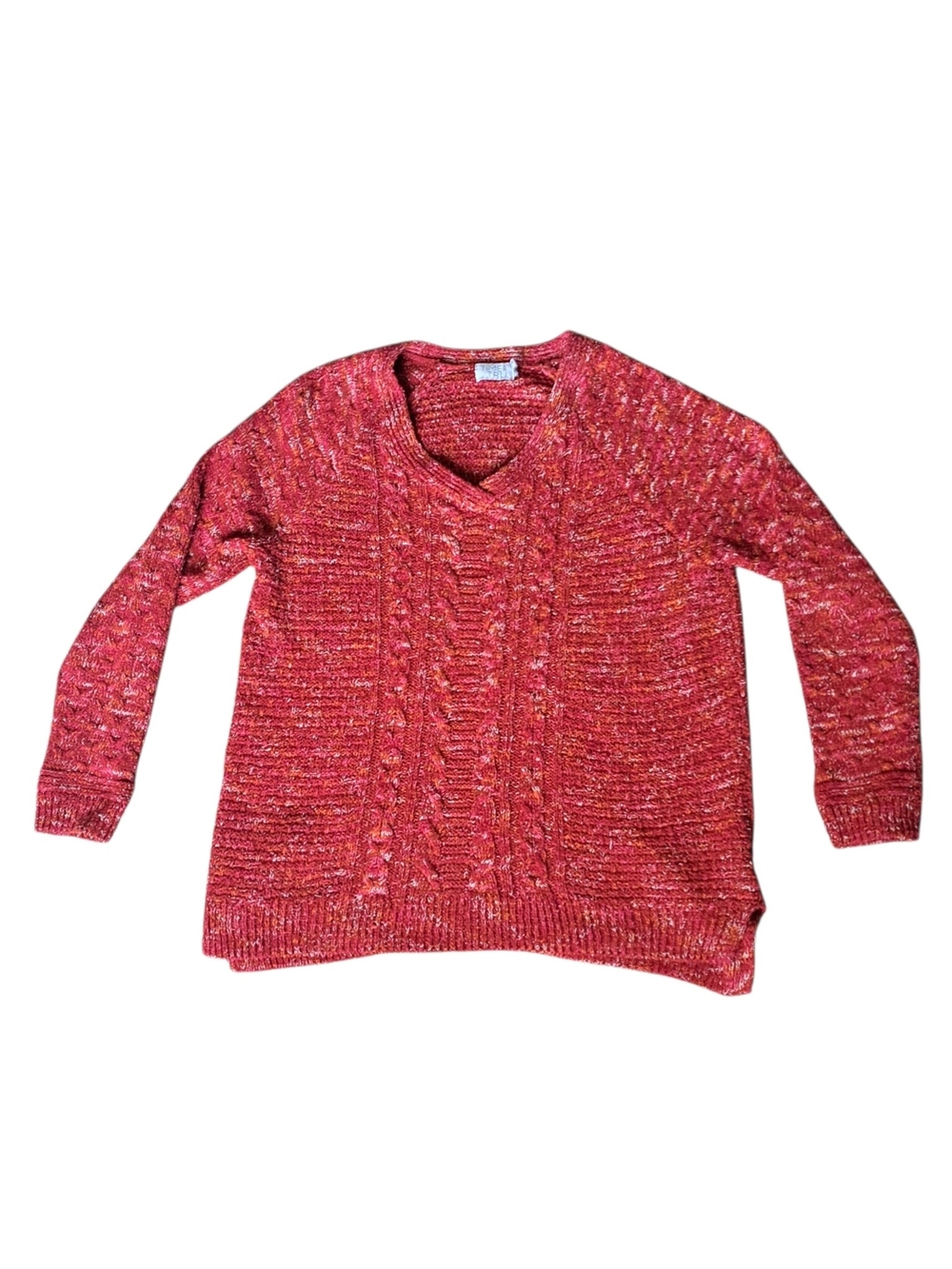 Time and Tru Women's Cable Knit V-Neck Sweater Red Marled Size Medium